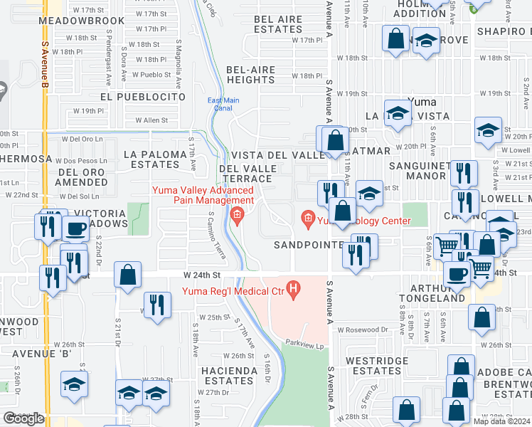 map of restaurants, bars, coffee shops, grocery stores, and more near 2240 South Elks Lane in Yuma