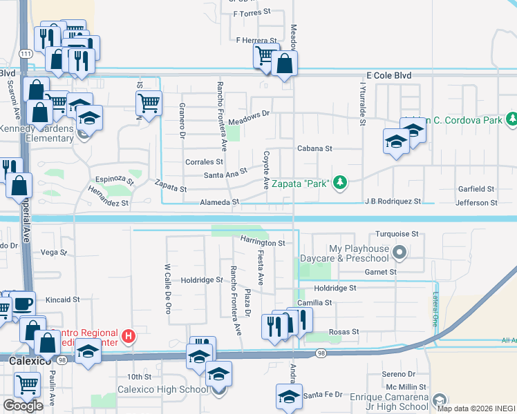 map of restaurants, bars, coffee shops, grocery stores, and more near 1900 Rancho Frontera Avenue in Calexico