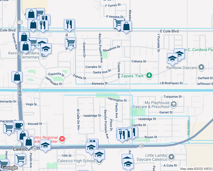map of restaurants, bars, coffee shops, grocery stores, and more near 1900 Rancho Frontera Avenue in Calexico