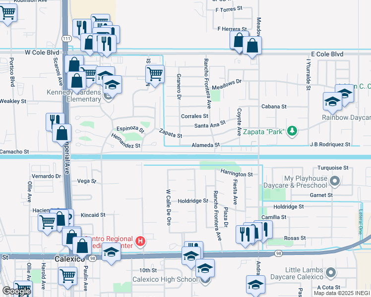 map of restaurants, bars, coffee shops, grocery stores, and more near Ritter Road in Calexico