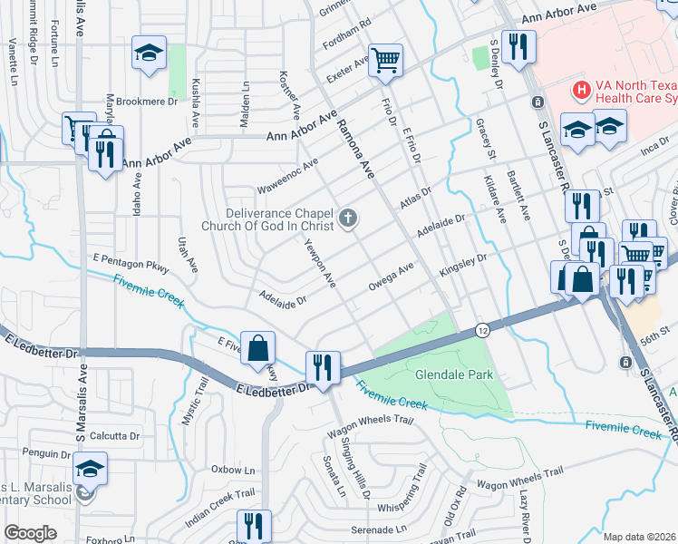 map of restaurants, bars, coffee shops, grocery stores, and more near 1402 Adelaide Drive in Dallas
