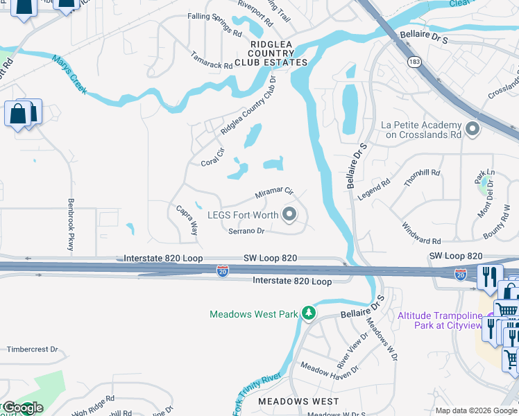 map of restaurants, bars, coffee shops, grocery stores, and more near 4321 Miraloma Drive in Fort Worth