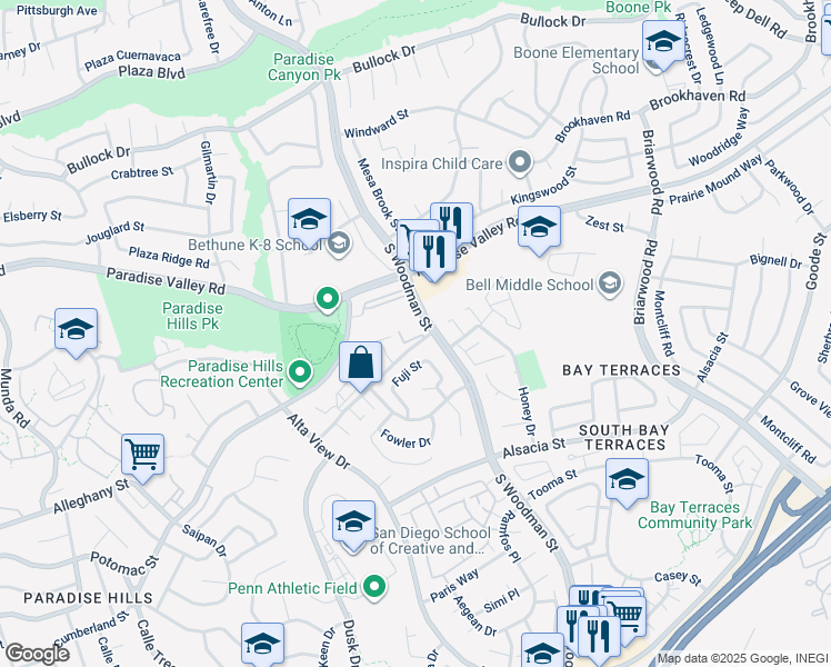 map of restaurants, bars, coffee shops, grocery stores, and more near 6850 Doriana Street in San Diego