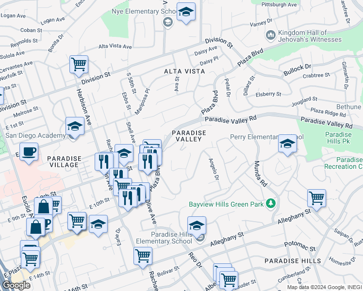map of restaurants, bars, coffee shops, grocery stores, and more near 3600 Paradise Valley Road in National City