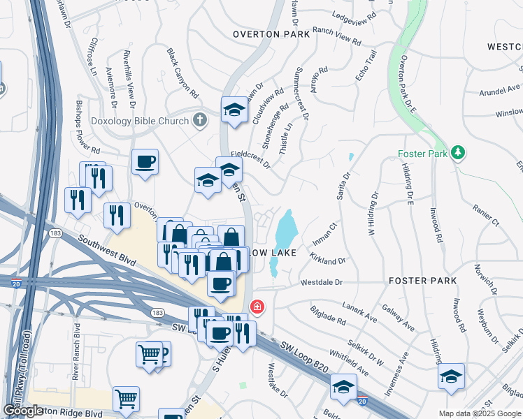 map of restaurants, bars, coffee shops, grocery stores, and more near 4087 Hidden View Circle in Fort Worth