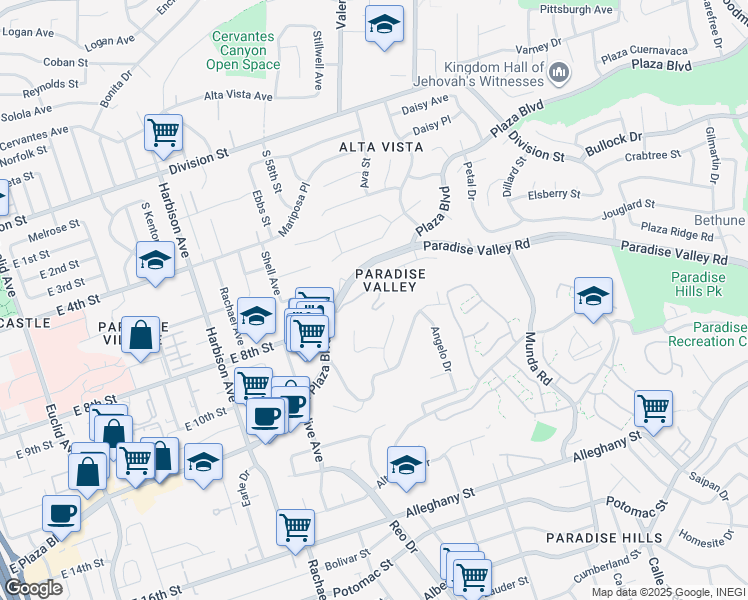 map of restaurants, bars, coffee shops, grocery stores, and more near 3600 Paradise Valley Road in National City