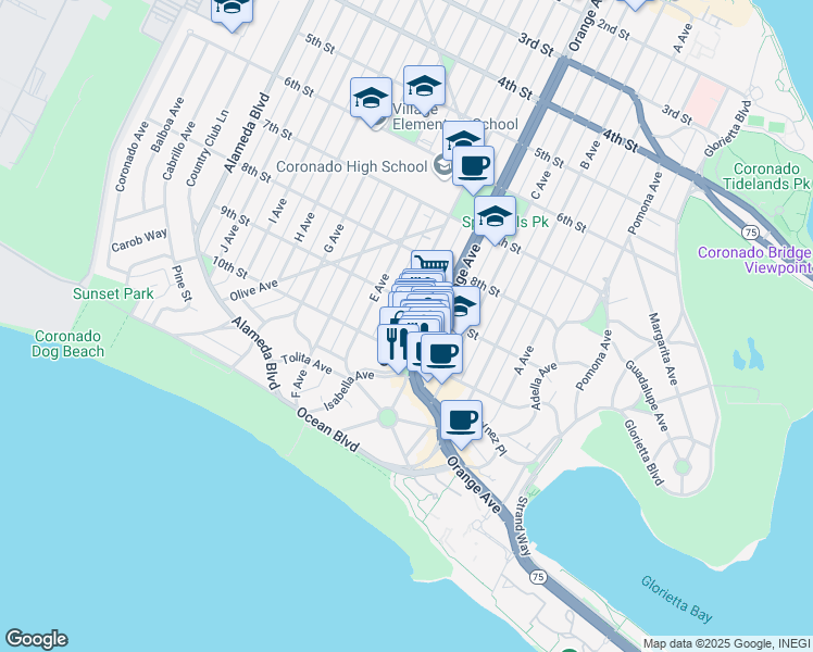 map of restaurants, bars, coffee shops, grocery stores, and more near 941 D Avenue in Coronado