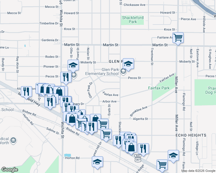 map of restaurants, bars, coffee shops, grocery stores, and more near 3525 Kellis Street in Fort Worth