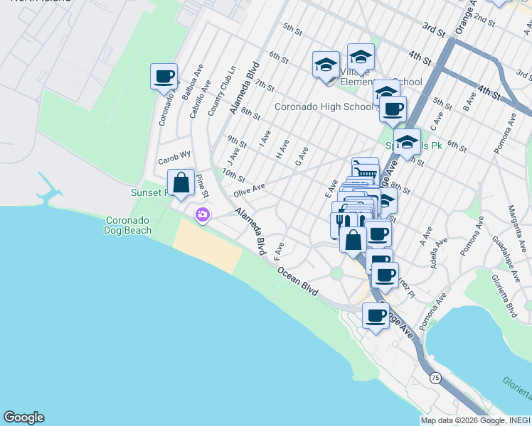 map of restaurants, bars, coffee shops, grocery stores, and more near 1105 G Avenue in Coronado