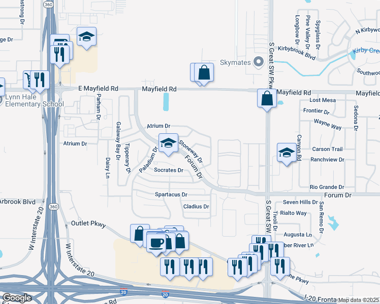 map of restaurants, bars, coffee shops, grocery stores, and more near 3410 Paladium Drive in Grand Prairie