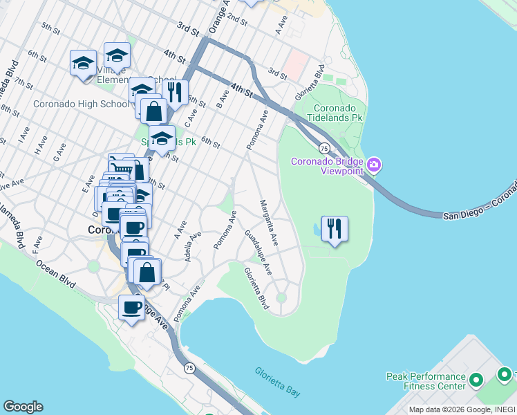map of restaurants, bars, coffee shops, grocery stores, and more near 684 Margarita Avenue in Coronado