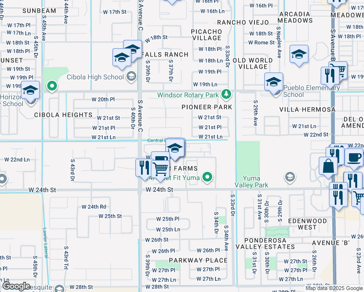map of restaurants, bars, coffee shops, grocery stores, and more near 3619 West 22nd Street in Yuma