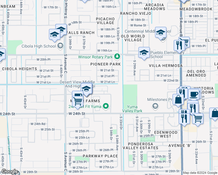 map of restaurants, bars, coffee shops, grocery stores, and more near 2213 35th Avenue in Yuma