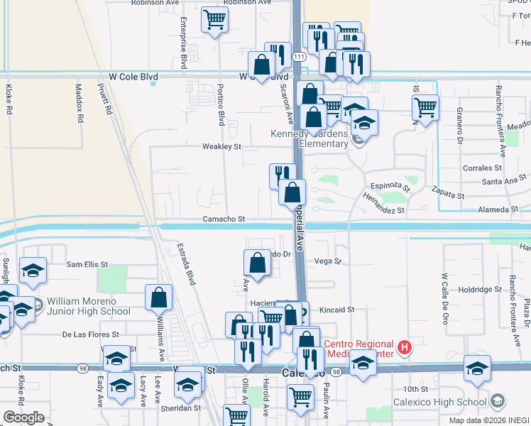 map of restaurants, bars, coffee shops, grocery stores, and more near 2205 California Court in Calexico