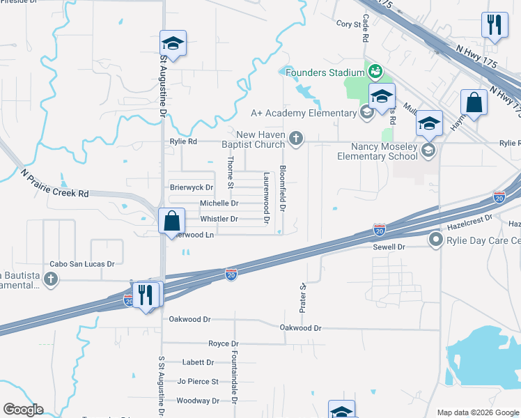 map of restaurants, bars, coffee shops, grocery stores, and more near 9844 Whistler Drive in Dallas