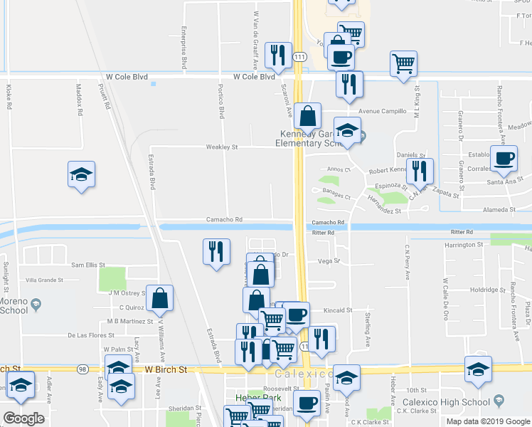 map of restaurants, bars, coffee shops, grocery stores, and more near 2205 California Court in Calexico