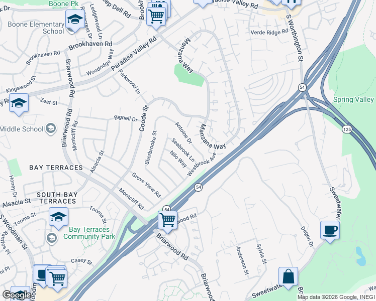 map of restaurants, bars, coffee shops, grocery stores, and more near 1648 Seabrook Lane in San Diego