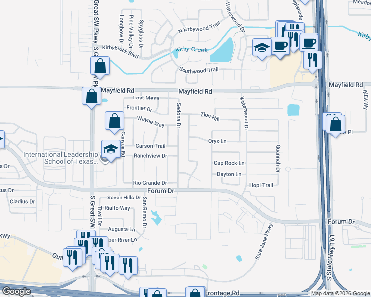 map of restaurants, bars, coffee shops, grocery stores, and more near 3510 Sedona Drive in Grand Prairie