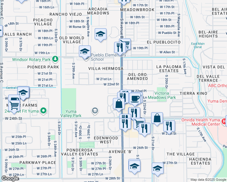 map of restaurants, bars, coffee shops, grocery stores, and more near 2350 South Avenue B in Yuma