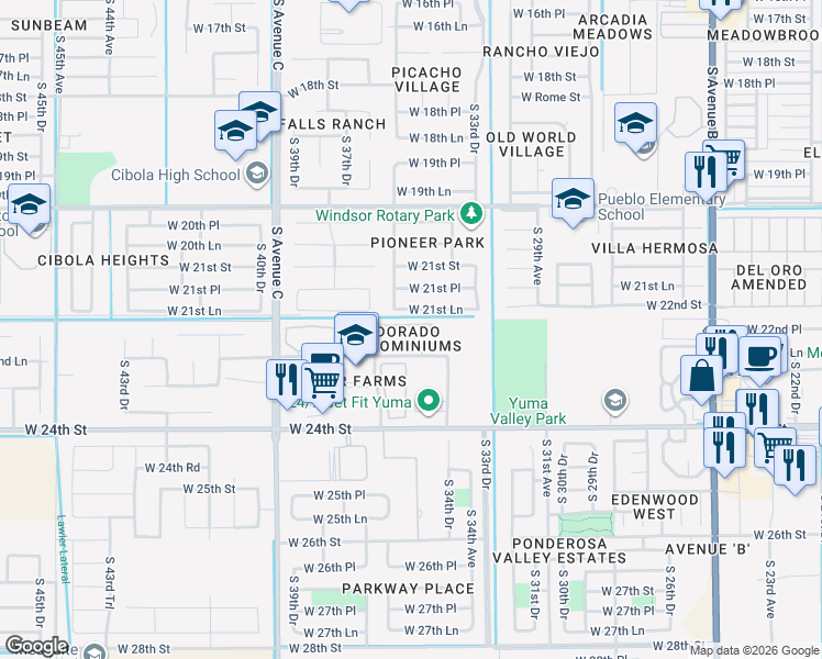 map of restaurants, bars, coffee shops, grocery stores, and more near 3531 West 22nd Place in Yuma