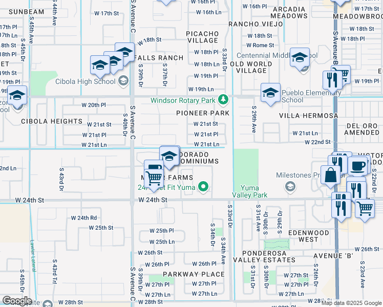 map of restaurants, bars, coffee shops, grocery stores, and more near 3567 West 22nd Place in Yuma