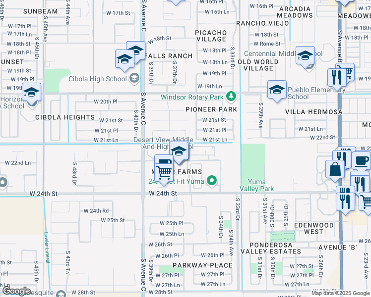 map of restaurants, bars, coffee shops, grocery stores, and more near 3777 West 22nd Lane in Yuma