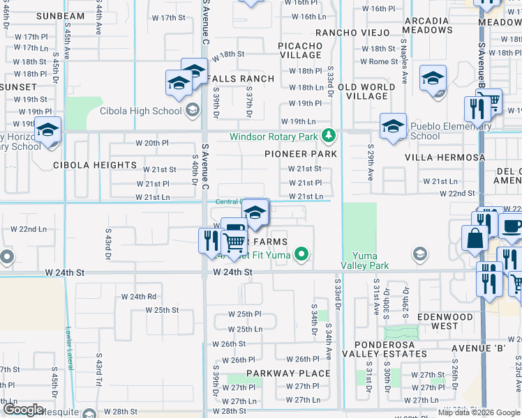 map of restaurants, bars, coffee shops, grocery stores, and more near 3777 West 22nd Lane in Yuma