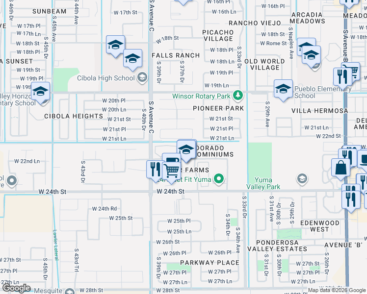 map of restaurants, bars, coffee shops, grocery stores, and more near 3777 West 22nd Lane in Yuma