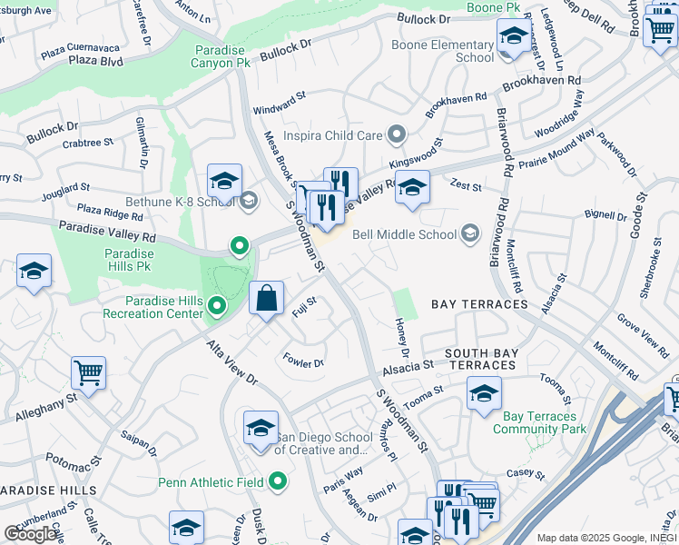 map of restaurants, bars, coffee shops, grocery stores, and more near in San Diego