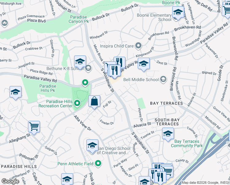 map of restaurants, bars, coffee shops, grocery stores, and more near in San Diego