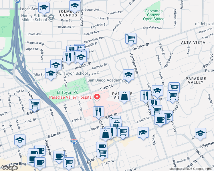map of restaurants, bars, coffee shops, grocery stores, and more near 2621 Hill Drive in National City