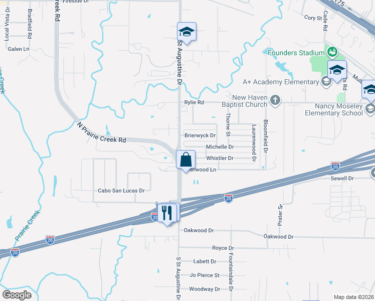map of restaurants, bars, coffee shops, grocery stores, and more near 1503 South Saint Augustine Drive in Dallas