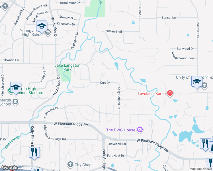 map of restaurants, bars, coffee shops, grocery stores, and more near 3609 Patty Lane in Arlington