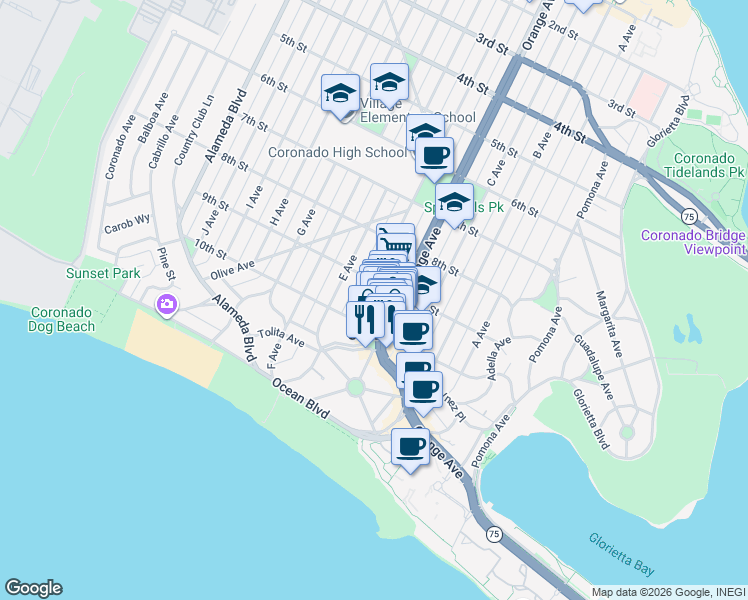map of restaurants, bars, coffee shops, grocery stores, and more near 941 D Avenue in Coronado