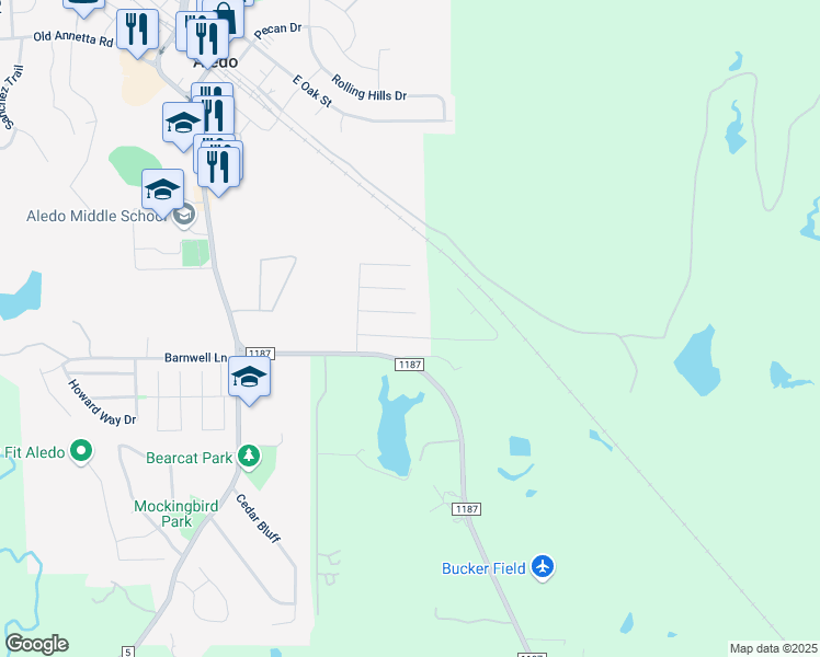 map of restaurants, bars, coffee shops, grocery stores, and more near 445 Sagebrush Drive in Aledo