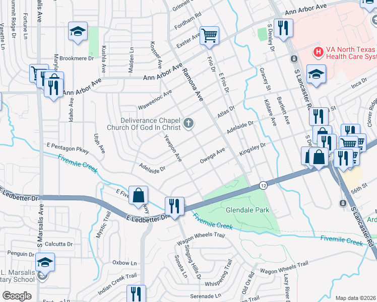 map of restaurants, bars, coffee shops, grocery stores, and more near 1423 Adelaide Drive in Dallas
