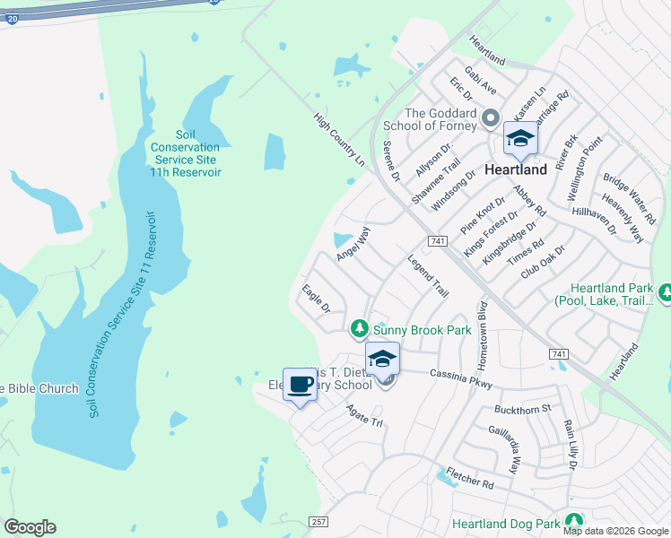 map of restaurants, bars, coffee shops, grocery stores, and more near 4031 Ridgetop Drive in Forney
