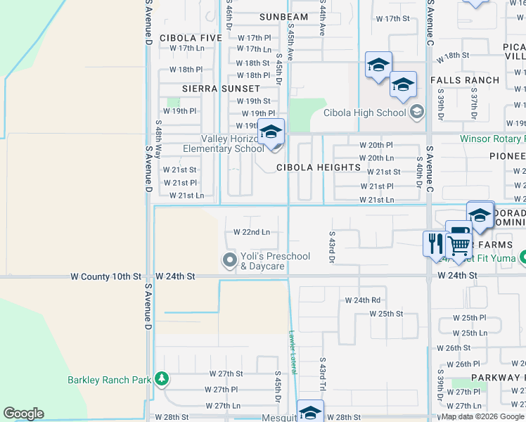 map of restaurants, bars, coffee shops, grocery stores, and more near 4581 West 22nd Place in Yuma