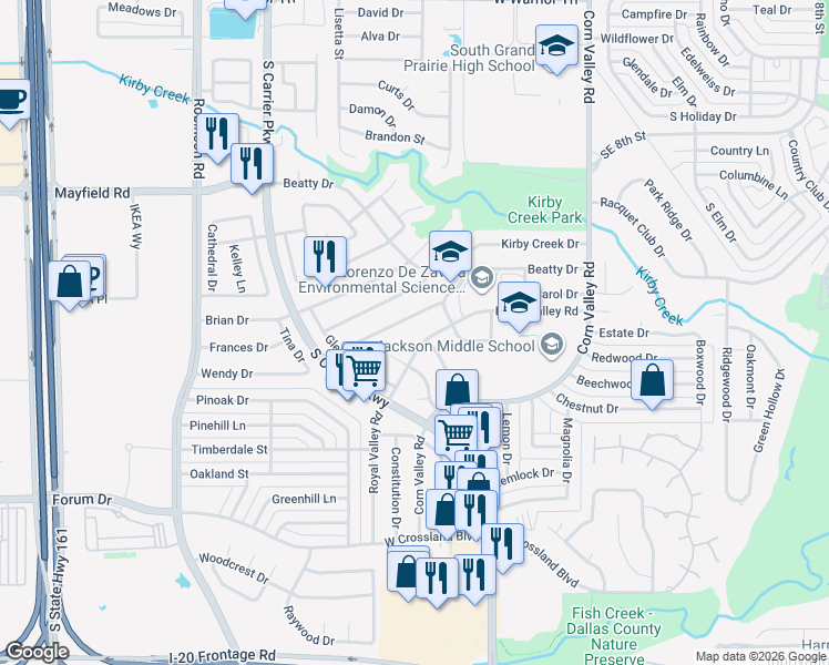 map of restaurants, bars, coffee shops, grocery stores, and more near 521 Royal Valley Road in Grand Prairie