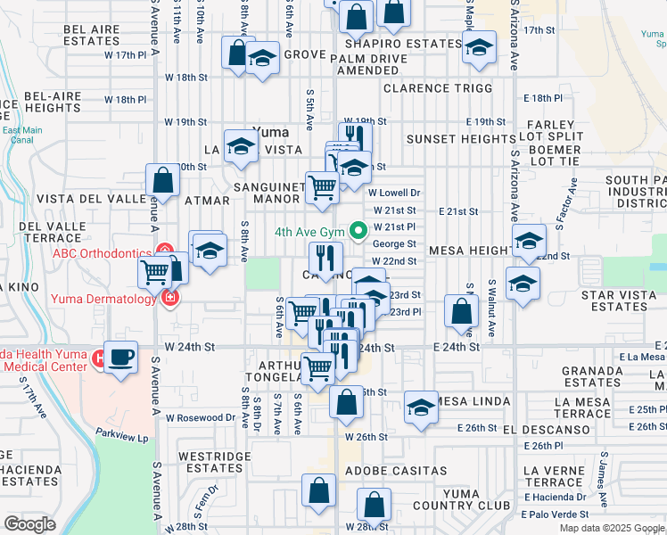 map of restaurants, bars, coffee shops, grocery stores, and more near in Yuma