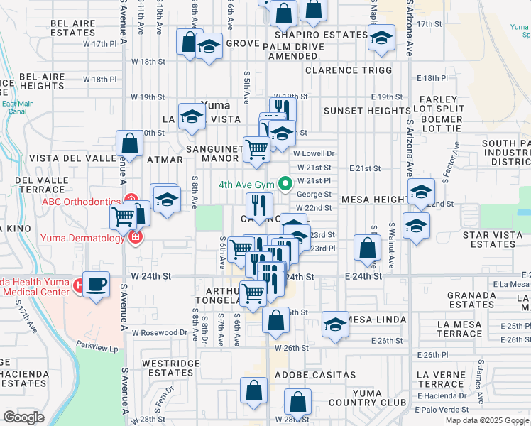 map of restaurants, bars, coffee shops, grocery stores, and more near in Yuma