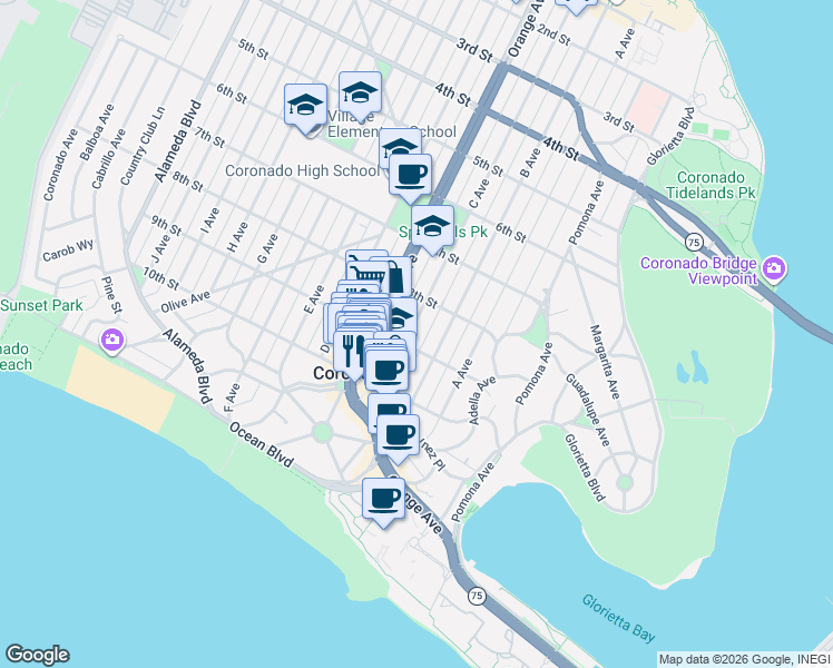 map of restaurants, bars, coffee shops, grocery stores, and more near in Coronado