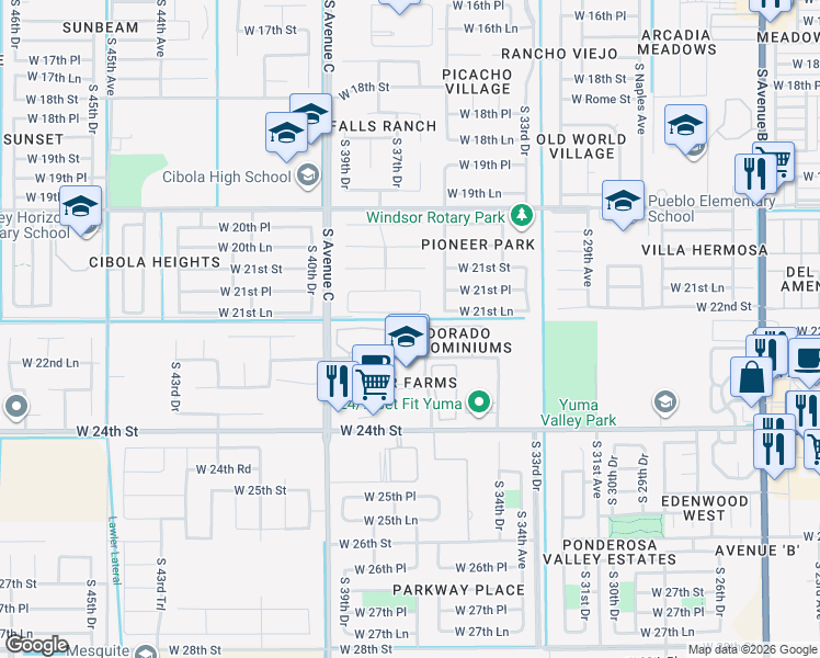 map of restaurants, bars, coffee shops, grocery stores, and more near 3777 West 22nd Lane in Yuma