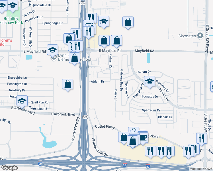 map of restaurants, bars, coffee shops, grocery stores, and more near 3431 Parham Drive in Grand Prairie