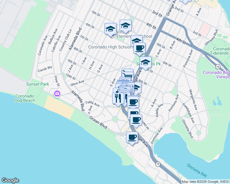 map of restaurants, bars, coffee shops, grocery stores, and more near 942 D Avenue in Coronado