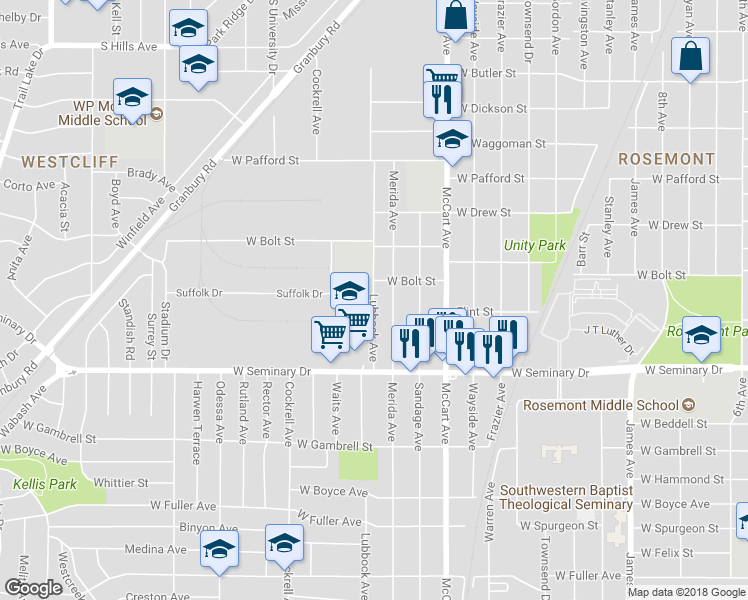 map of restaurants, bars, coffee shops, grocery stores, and more near 4141 Lubbock Avenue in Fort Worth