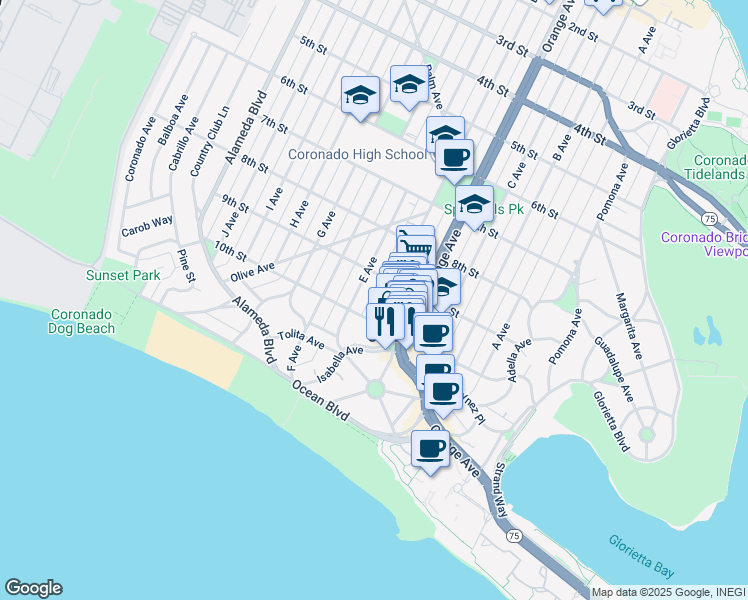 map of restaurants, bars, coffee shops, grocery stores, and more near 942 D Avenue in Coronado