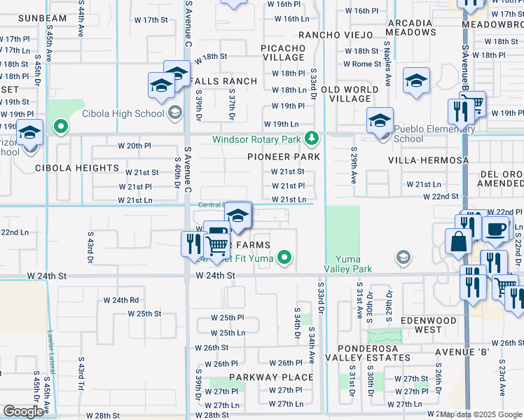 map of restaurants, bars, coffee shops, grocery stores, and more near 3567 West 22nd Place in Yuma