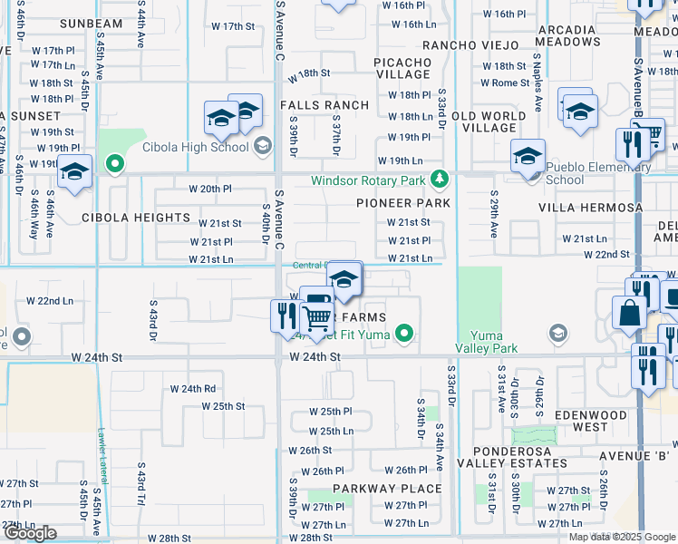 map of restaurants, bars, coffee shops, grocery stores, and more near 3777 West 22nd Lane in Yuma