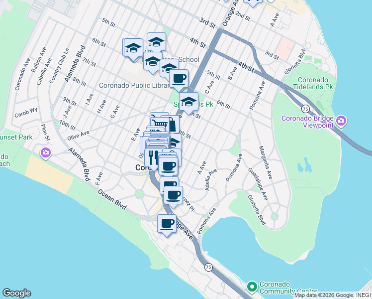 map of restaurants, bars, coffee shops, grocery stores, and more near 876 B Avenue in Coronado